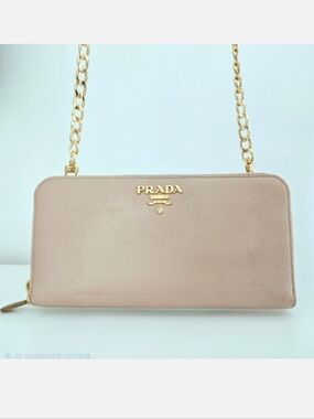 Authentic PRADA Vitello Zip Nude Blush & Gold Saffiano Leather Wallet WOC Clutch